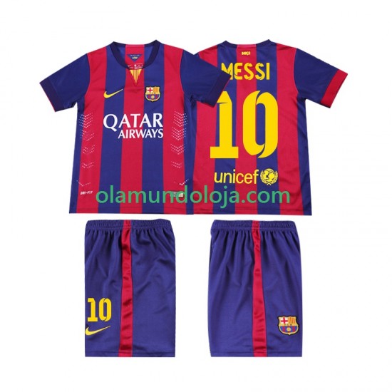 Camisola FC Barcelona Lionel Messi 10 2014 2015 Retro Criança Equipamento Primeiro Manga Curta